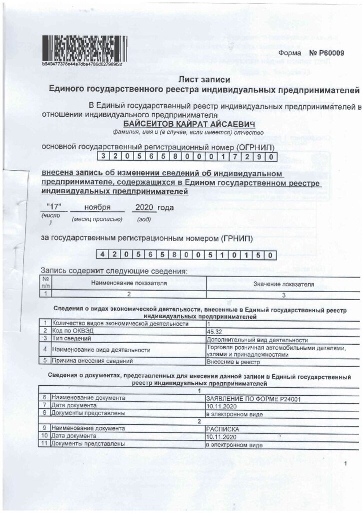 Лист записи ЕГРИП
